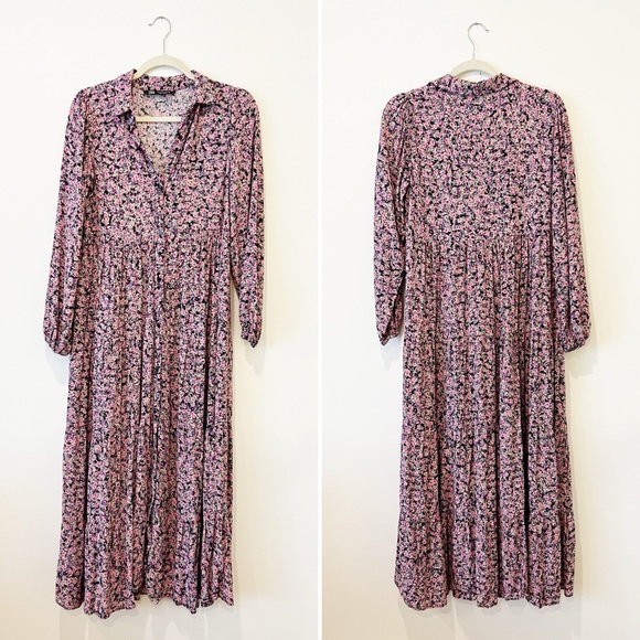 Zara Floral Print Maxi Dress Multicolor Lantern Long Sleeves Collar Shirtdress S - Picture 5 of 9